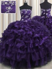 Delicate Purple 15 Quinceanera Dress Military Ball and Sweet 16 and Quinceanera with Appliques and Ruffles and Ruffled Layers Strapless Sleeveless Lace Up