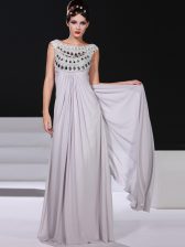 Wonderful Floor Length Side Zipper Prom Evening Gown Silver for Prom and Party with Beading and Lace