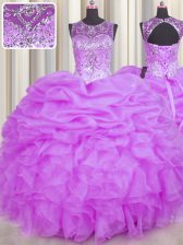  See Through Lilac Scoop Neckline Beading and Ruffles and Pick Ups Sweet 16 Dress Sleeveless Backless