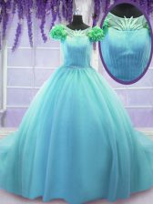 Luxurious Blue Ball Gowns Scoop Short Sleeves Tulle Court Train Lace Up Hand Made Flower Quinceanera Gown