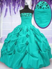 New Style Mermaid Aqua Blue Taffeta Lace Up Strapless Sleeveless Floor Length Quinceanera Dress Embroidery and Pick Ups
