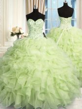 Dazzling Yellow Green Ball Gowns Organza Sweetheart Sleeveless Beading and Ruffles Floor Length Lace Up Sweet 16 Quinceanera Dress