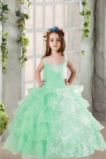  Ruffled Floor Length Ball Gowns Sleeveless Turquoise Kids Formal Wear Lace Up