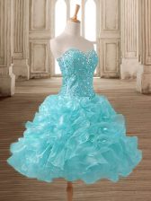 New Style Sweetheart Sleeveless Prom Dresses Mini Length Beading and Ruffles Aqua Blue Organza