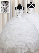 Fashionable Straps Beading and Ruffles and Pick Ups Quinceanera Gown White Lace Up Sleeveless Floor Length