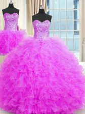 Captivating Three Piece Lilac Tulle Lace Up Quinceanera Gowns Sleeveless Floor Length Beading and Ruffles