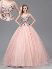 Comfortable Straps Criss Cross See Through Floor Length Baby Pink Quinceanera Gown Tulle Sleeveless Appliques