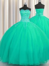  Really Puffy Sleeveless Floor Length Beading Lace Up Ball Gown Prom Dress with Turquoise