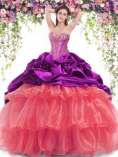 Hot Sale Multi-color Ball Gowns Organza and Taffeta Sweetheart Sleeveless Beading and Ruffled Layers and Pick Ups With Train Lace Up Quinceanera Dress Brush Train