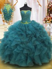 Sophisticated Teal Strapless Neckline Beading and Ruffles Vestidos de Quinceanera Sleeveless Lace Up