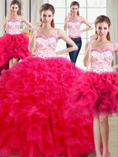  Four Piece Straps Beading and Ruffles Quinceanera Dresses Hot Pink Lace Up Sleeveless Floor Length