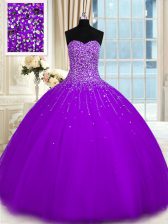  Floor Length Lace Up 15 Quinceanera Dress Purple for Military Ball and Sweet 16 and Quinceanera with Beading