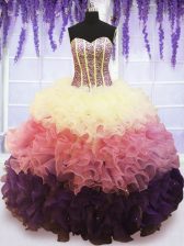 Superior Multi-color Organza Lace Up Quince Ball Gowns Sleeveless Floor Length Beading and Ruffles and Ruffled Layers
