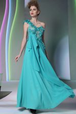  One Shoulder Sleeveless Chiffon Prom Evening Gown Lace and Hand Made Flower Side Zipper