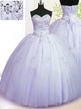Shining Lavender Ball Gowns Tulle Sweetheart Sleeveless Beading and Appliques Floor Length Lace Up Quinceanera Gown