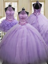  Three Piece Halter Top Lavender Tulle Lace Up Ball Gown Prom Dress Sleeveless Brush Train Sequins