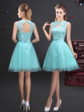  High-neck Sleeveless Tulle Quinceanera Court of Honor Dress Lace and Appliques and Belt Lace Up