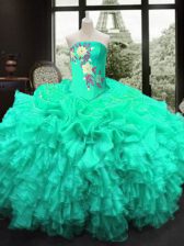  Turquoise 15 Quinceanera Dress Military Ball and Sweet 16 and Quinceanera with Embroidery and Ruffles Strapless Sleeveless Lace Up