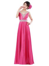  Hot Pink V-neck Zipper Beading Prom Dresses Sleeveless
