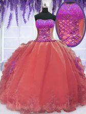  Watermelon Red Lace Up Strapless Embroidery and Ruffles Vestidos de Quinceanera Organza Sleeveless