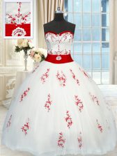  White Tulle Lace Up Sweetheart Sleeveless Floor Length 15 Quinceanera Dress Appliques and Belt