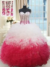  White and Red Sleeveless Organza Lace Up Sweet 16 Dresses for Military Ball and Sweet 16 and Quinceanera