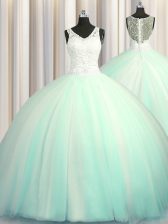 Designer Big Puffy Zipper Up Apple Green Zipper Quinceanera Gown Beading and Appliques Sleeveless With Brush Train