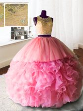  Organza and Tulle and Lace Scoop Sleeveless Brush Train Zipper Beading and Lace and Ruffles Sweet 16 Dresses in Rose Pink