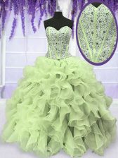Most Popular Sweetheart Sleeveless Ball Gown Prom Dress Floor Length Beading and Ruffles Yellow Green Organza