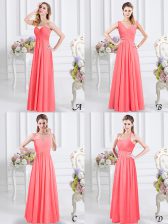 Affordable Watermelon Red Empire Chiffon Sweetheart Sleeveless Lace and Ruching Floor Length Zipper Damas Dress