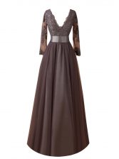  Brown Long Sleeves Floor Length Lace Zipper Prom Evening Gown