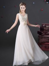 Artistic V-neck Sleeveless Damas Dress Floor Length Lace and Bowknot White Chiffon