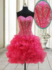  Hot Pink Lace Up Homecoming Dress Beading Sleeveless Mini Length