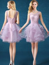 Deluxe Scoop Sleeveless Knee Length Lace Lace Up Quinceanera Dama Dress with Pink 