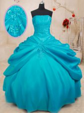 Fantastic Sleeveless Taffeta Floor Length Lace Up Sweet 16 Quinceanera Dress in Teal with Appliques