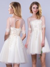  Scoop Half Sleeves Tulle Mini Length Lace Up Damas Dress in Champagne with Appliques