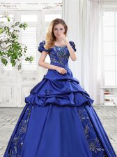  Pick Ups A-line Quinceanera Dress Royal Blue Off The Shoulder Taffeta Cap Sleeves Floor Length Lace Up