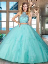 Sweet Aqua Blue Two Pieces Halter Top Sleeveless Tulle Floor Length Backless Beading and Ruffles Sweet 16 Dress