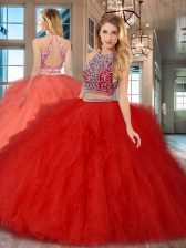 Glittering Scoop Sleeveless Floor Length Beading and Ruffles Backless Quinceanera Dress with Red
