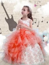  Watermelon Red Ball Gowns Organza Scoop Sleeveless Beading and Ruffles Floor Length Lace Up Casual Dresses