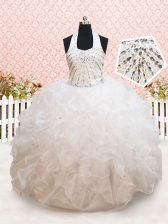 Custom Made White Lace Up Halter Top Beading and Ruffles Toddler Flower Girl Dress Organza Sleeveless