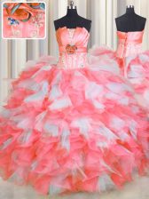 Excellent Ball Gowns Sweet 16 Dress Pink And White Strapless Organza Sleeveless Floor Length Lace Up