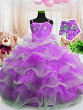  Purple Ball Gowns Beading and Ruffled Layers Little Girls Pageant Gowns Zipper Organza Sleeveless Floor Length
