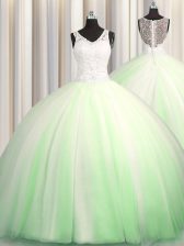 Sexy See Through Zipple Up V-neck Sleeveless Sweet 16 Quinceanera Dress Brush Train Beading and Appliques Tulle