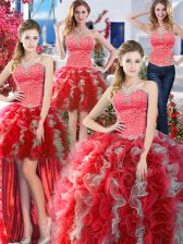 High Class Four Piece White And Red Sweetheart Neckline Beading Sweet 16 Quinceanera Dress Sleeveless Lace Up