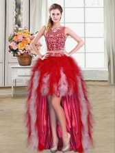 Exquisite Scoop High Low Ball Gowns Sleeveless Red Prom Gown Zipper