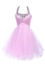 Fabulous Halter Top Lilac Tulle Lace Up Homecoming Dress Sleeveless Knee Length Beading