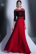 Sumptuous Red And Black Column/Sheath Chiffon Scoop 3 4 Length Sleeve Beading and Appliques Floor Length Clasp Handle Prom Party Dress