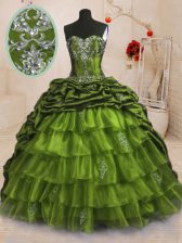  Olive Green Sleeveless Sweep Train Beading and Appliques and Ruffled Layers and Pick Ups With Train Sweet 16 Quinceanera Dress