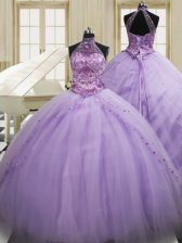  Lavender Tulle Lace Up Halter Top Sleeveless 15 Quinceanera Dress Sweep Train Beading and Embroidery